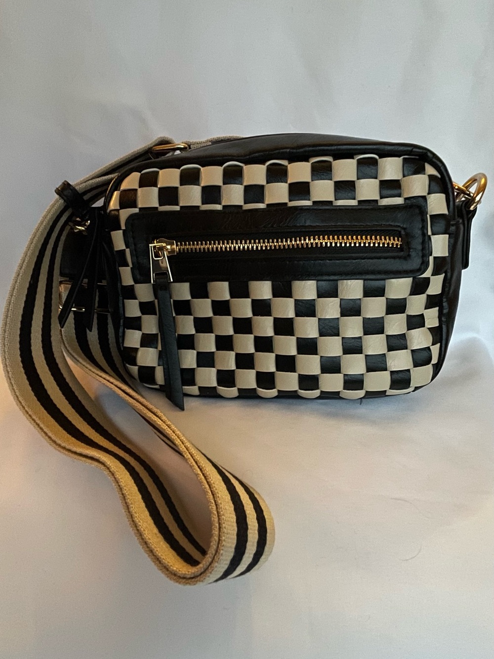 Universal Thread Black & Cream Checkered Crossbody with Striped Strap
